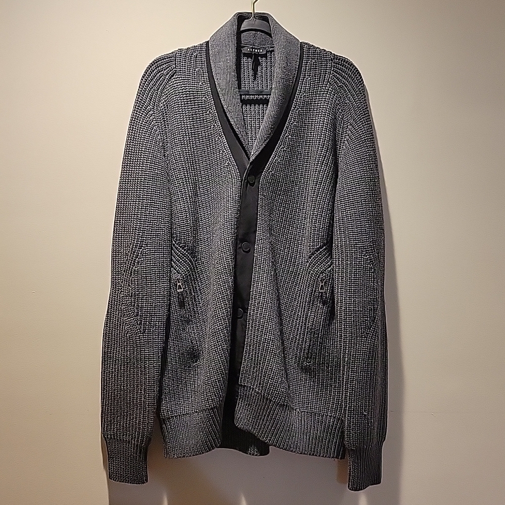 AETHER Shawl Cardigan in Heather Grey,  rib-knit,100% Extra Fine Merino Wool.